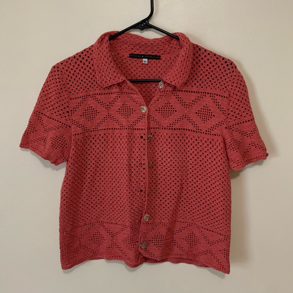 Peruvian Connection Pink Knit Short Sleeve Button Up | Size S - Women’s